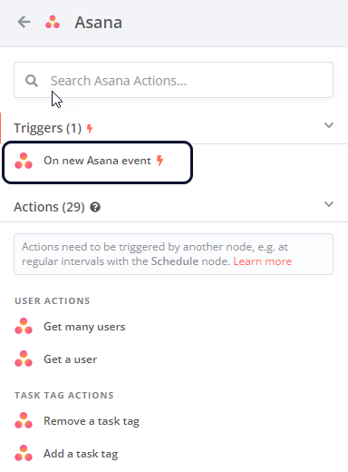Asana 노드 작업 목록 스크린샷, 목록 맨 위에 Recommended 섹션이 보임